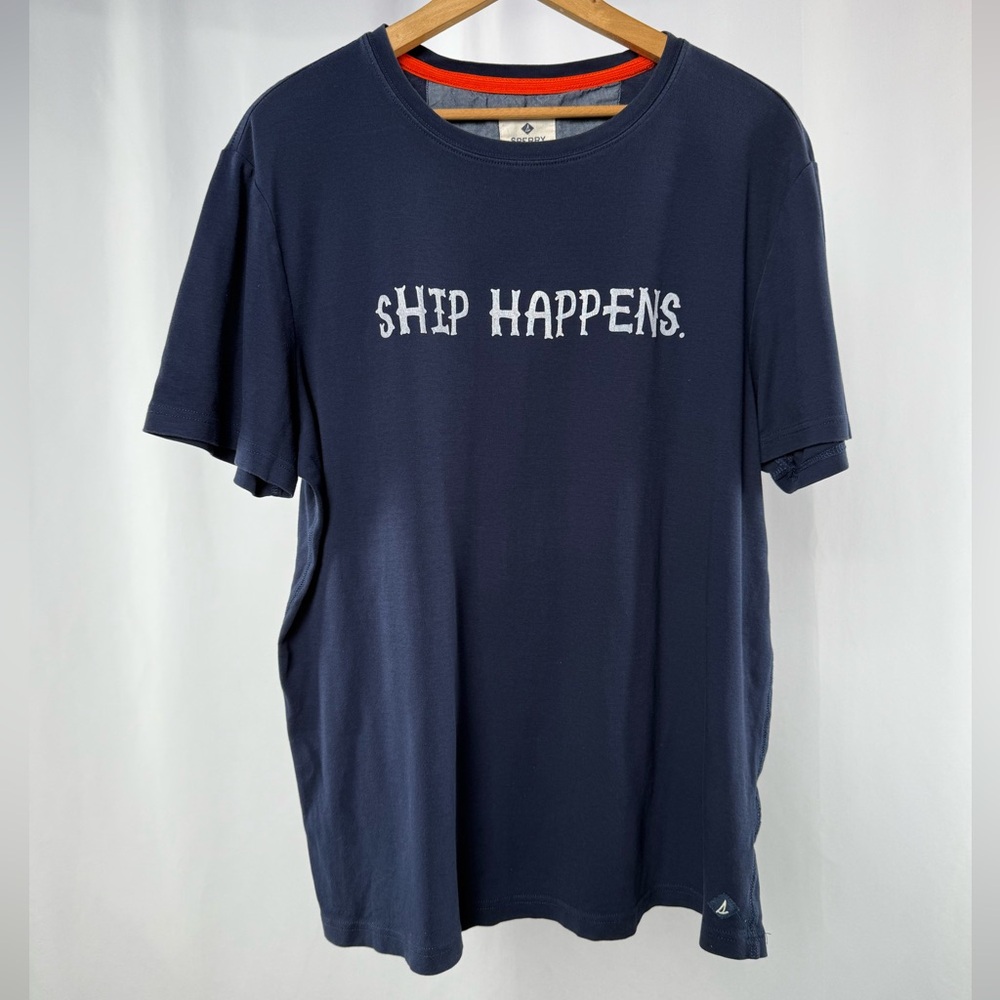 Sperry "Ship Happens" Short Sleeve Crew Neck Tee Shirt in Navy Blue Size XL‎